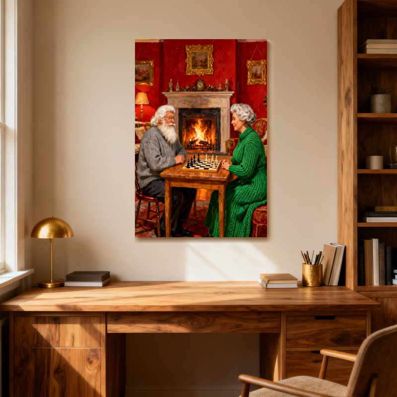 Christmas Elderly Couple Playing Chess By Fireplace, 18" H x 12" W