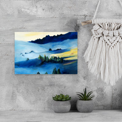 Misty Blue Mountainscape Colourful Rustic Abstract Forest Landscape Wall Art