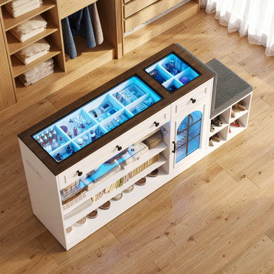 Îlot de placard avec plateau en verre, commode pour îlot de placard avec banc à chaussures intégré, îlot de placard avec éclairage DEL et charge, organisateur de placard blanc moderne avec tiroirs et rangement pour chaussures