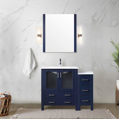 42 po Meuble-lavabo bleu marine avec armoire latérale, robinet inclus, comptoir en céramique blanche et grande baignoire décorative à fixation murale à fixation murale incluse
