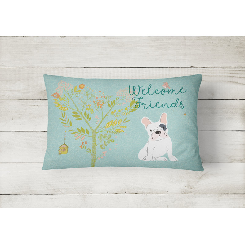  Welcome Friends French Bulldog Indoor/Outdoor Throw Pillow, White/Gray