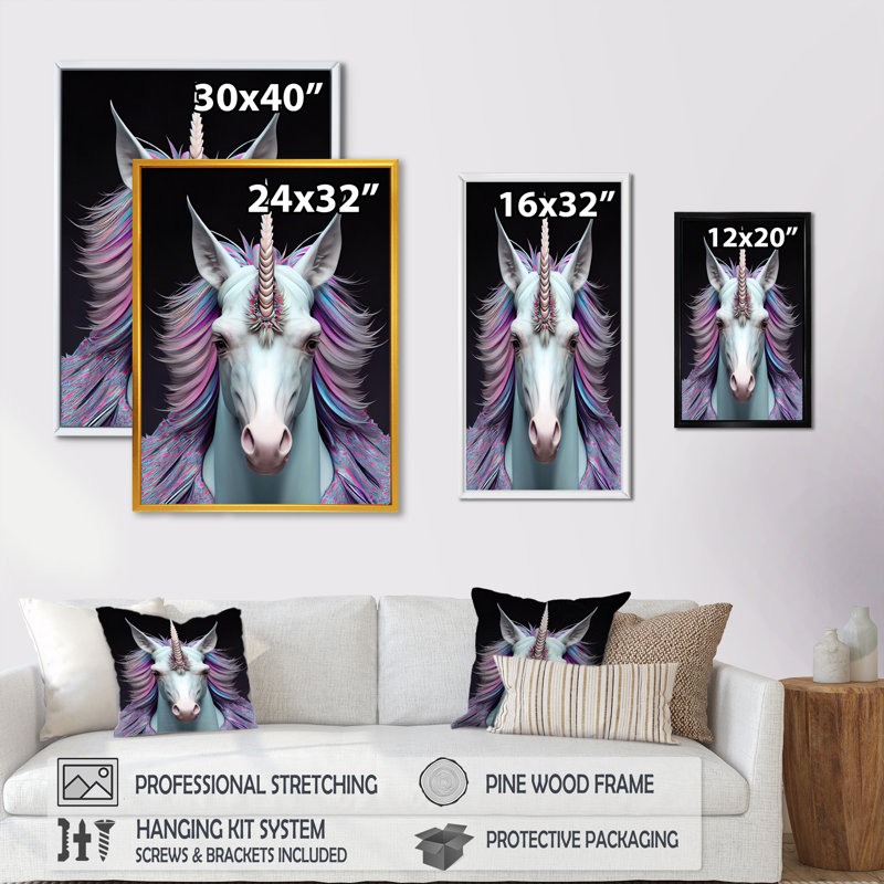 «Beautiful Portrait Of A Unicorn II», reproduction sur toile, H 40 po x l 30 po x P 1,5 po, Toile avec cadre flottant or