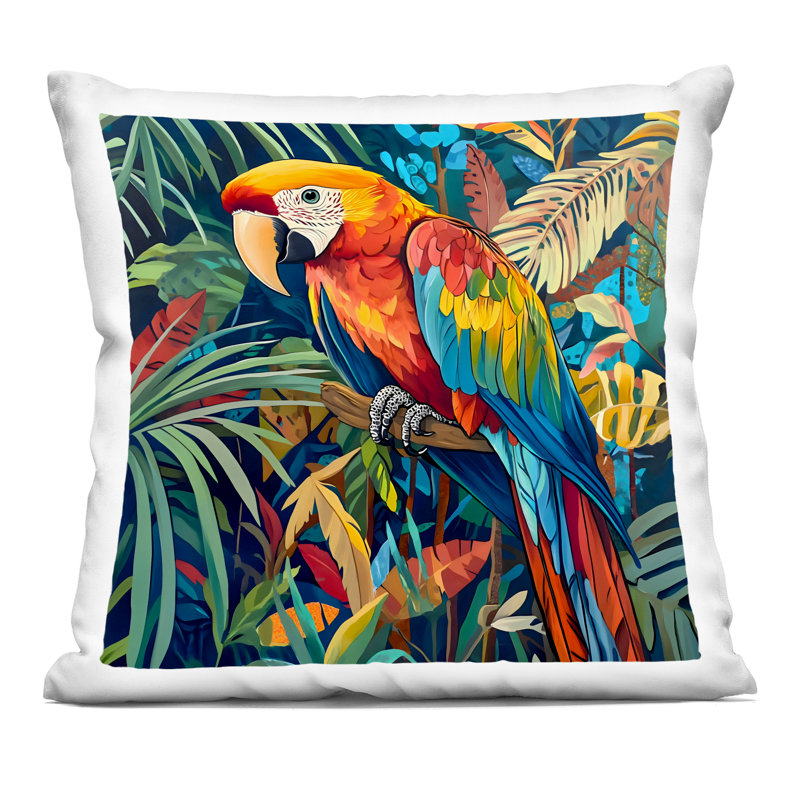 Coussin Jungle Parrot Amid Leaves, Oiseaux verts 2, Carré 18 po