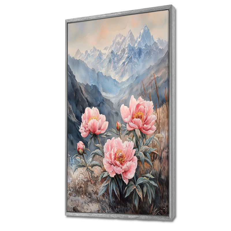 Pivoines dans la vallée balayée par le vent IV - pivoines, art mural, H 60 po x l 28 po, Reproduction avec cadre flottant