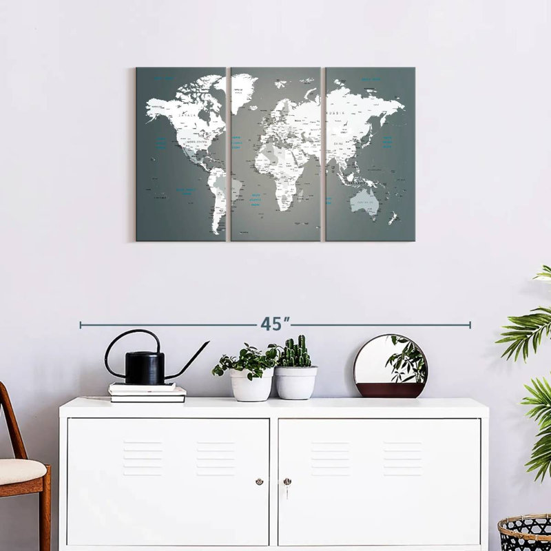 Ensemble de 3 pièces de carte du monde sur toile, H 33 po x l 20 po x P 1,25 po