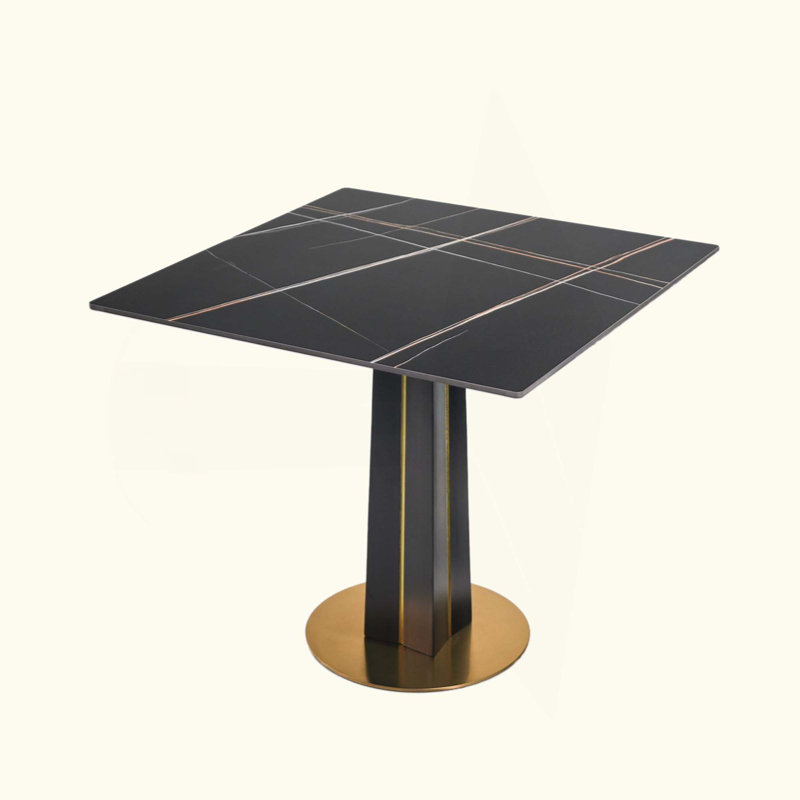 Modern Square Negotiation Table - 85Cm Sintered Stone Top, Wooden Legs With Metal Base(Only The Negotiation Table), Black
