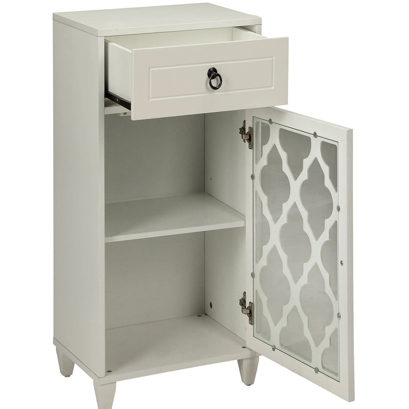 Table d'appoint blanche avec pieds fuselés et porte de tiroir moderne