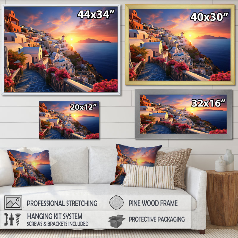 Grèce Oia Splendor III - décoration murale paysages urbains, Cadre flottant noir, H 34 po x l 44 po x P 1,5 po