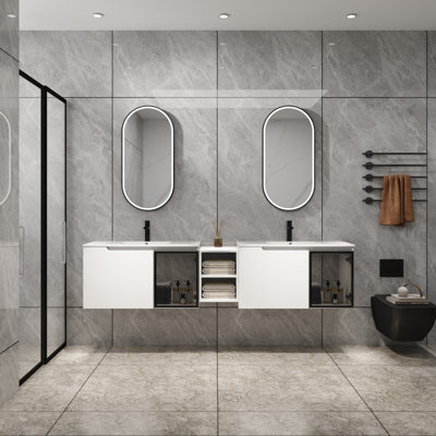 Meuble-lavabo mural 72 po avec lavabo en céramique, portes à fermeture en douceur, meuble-lavabo blanc brillant et demi-porte en verre gris, 1 petite tablette de rangement, armoire combinée, contreplaqué (emballage KD)