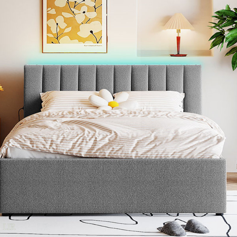 Lit plateforme tapissier grand avec lit gigogne simple TG, gris, Grand lit
