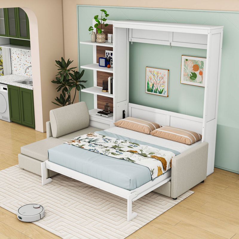 Grand lit escamotable avec canapé et tablettes, Blanc