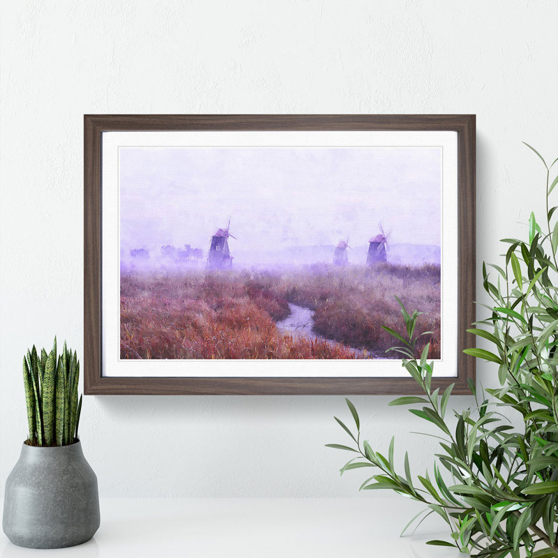 Landscape Windmill and Stream - Picture Frame Graphic Art, 27cm H x 36cm W x 2cm D, Walnut Framed