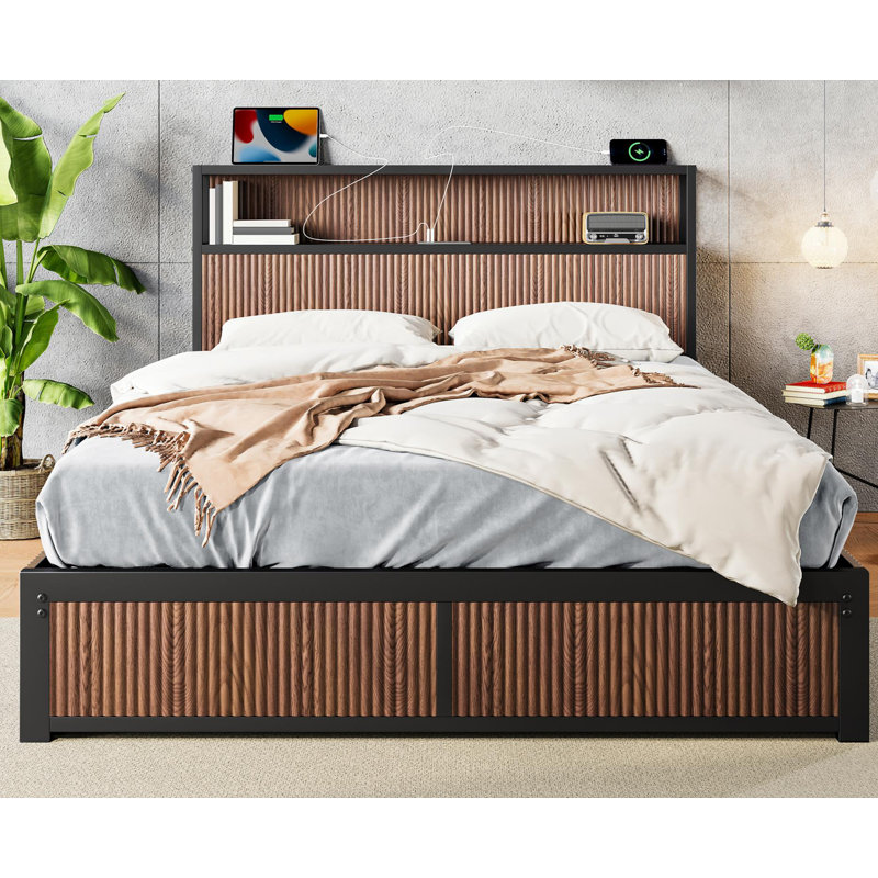 Large Raised-pattern Storage Bed Frame, Wooden Platform Bed Frame With Multiple Drawer Storage Function