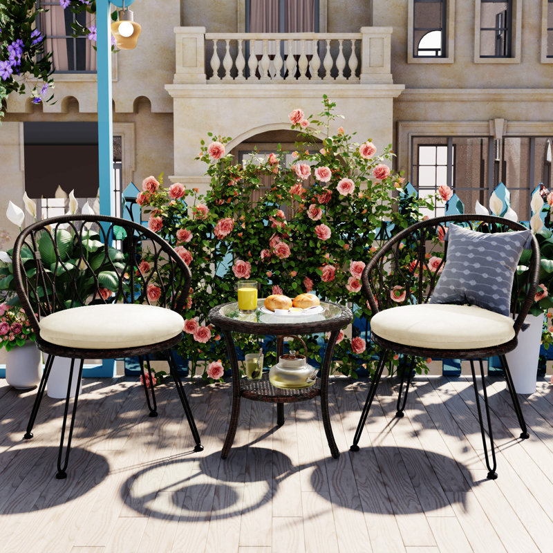 Outdoor Leisure Set, 2 Rattan Single Chairs with A Glass Round Table - Brown