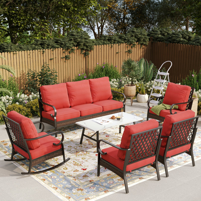 Ensemble de conversation d'extérieur pour 7 personnes avec chaises longues berçantes, Red