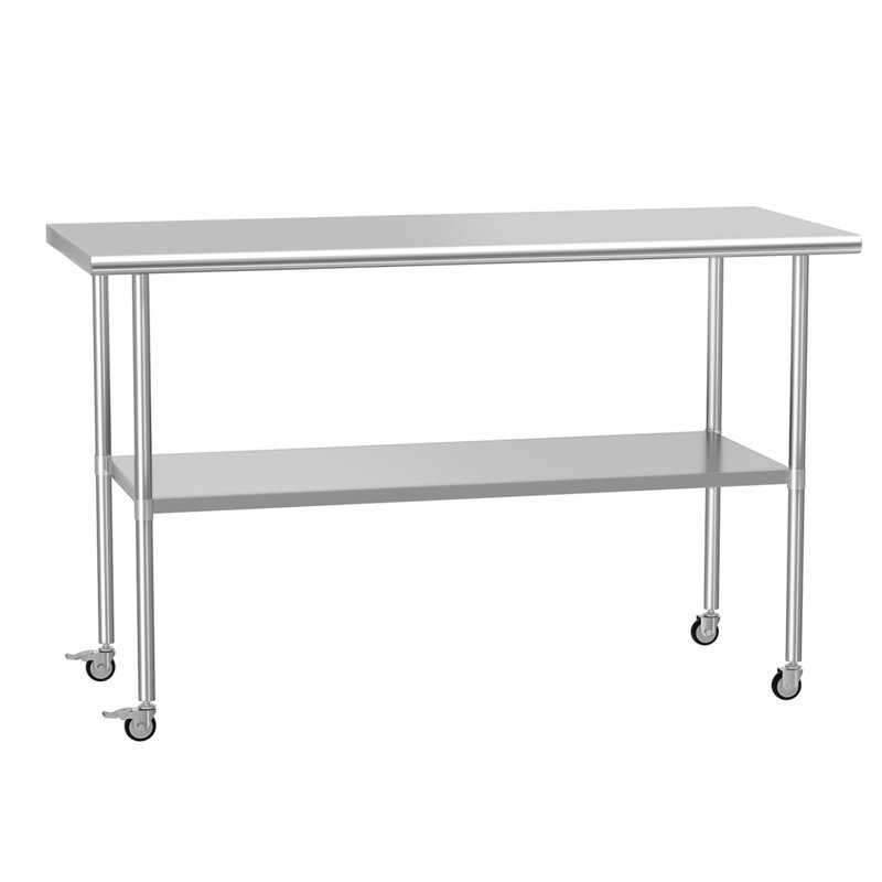 Table de préparation en acier inoxydable avec roulettes réglables sous la tablette