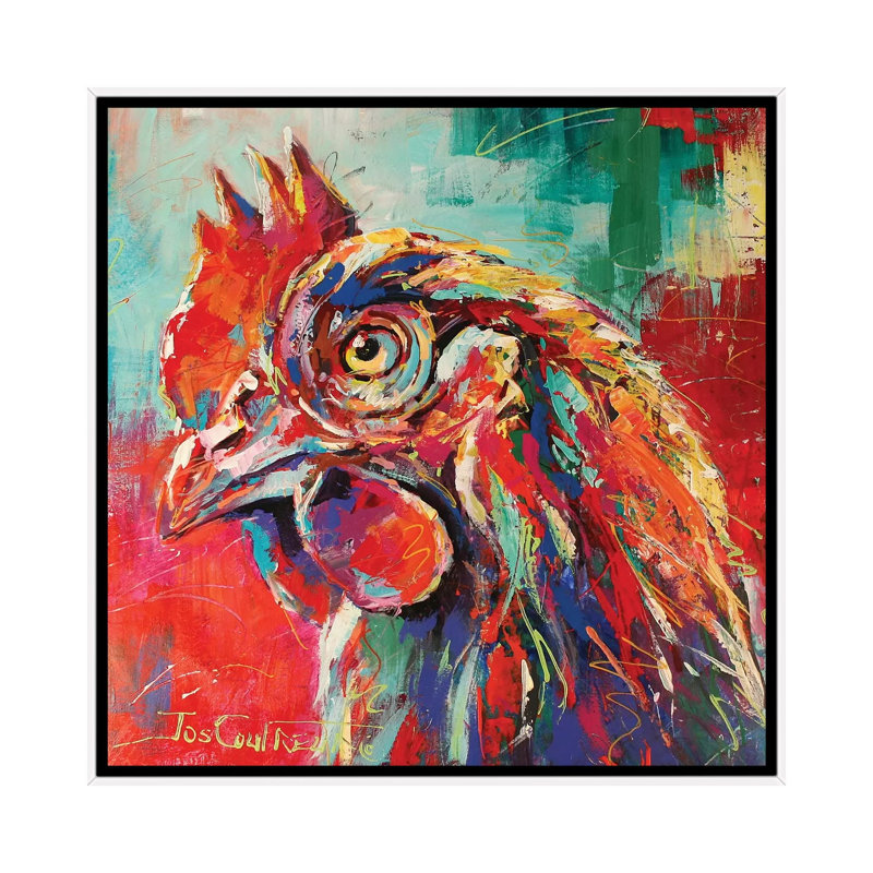 Poulet par Jos Coufreur - imprimé, H 18 po x l 18 po x P 1,5 po, Toile blanche encadrée, Aucun mat