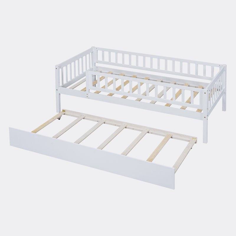 Wood Daybed with Trundle and Fence Guardrails, Twin, White