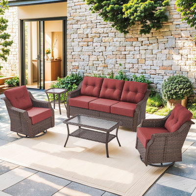 Elona 5-Person Outdoor PE Wicker Patio Conversation Set With 6" Thickness Cushions And Coffee Table