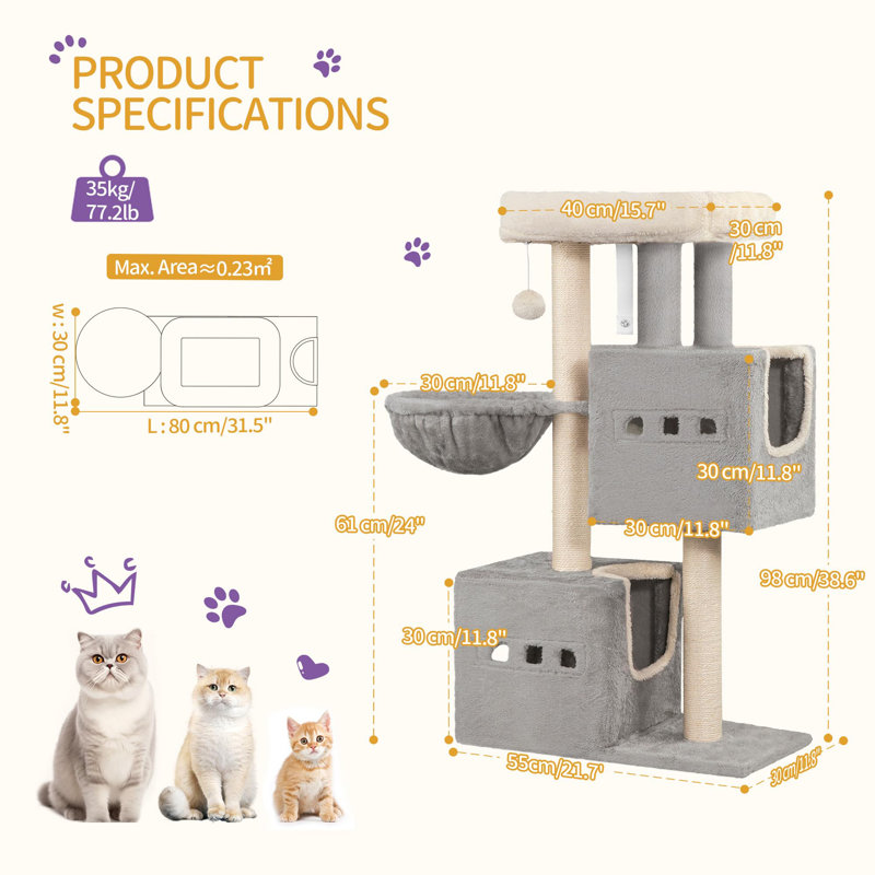 98cm H Cat Tree, Light Grey