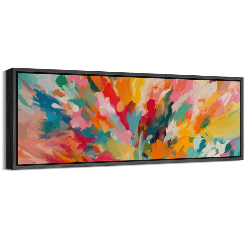 Colorful Burst Bright Abstract Living Room Decor Extra Large Pictures Framed Canvas Print Wall Art, 20" H x 60" W, Black