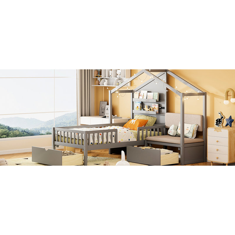 Twin House Bed In Grey, With Upholstered And State-Of--Art Charging Station, Wireless Charging, Practical Storage Facilities Grey , Modern Shelves Drawers For Organizing