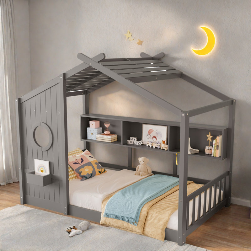 Lit sur pied avec tablette de rangement, Gris, Simple