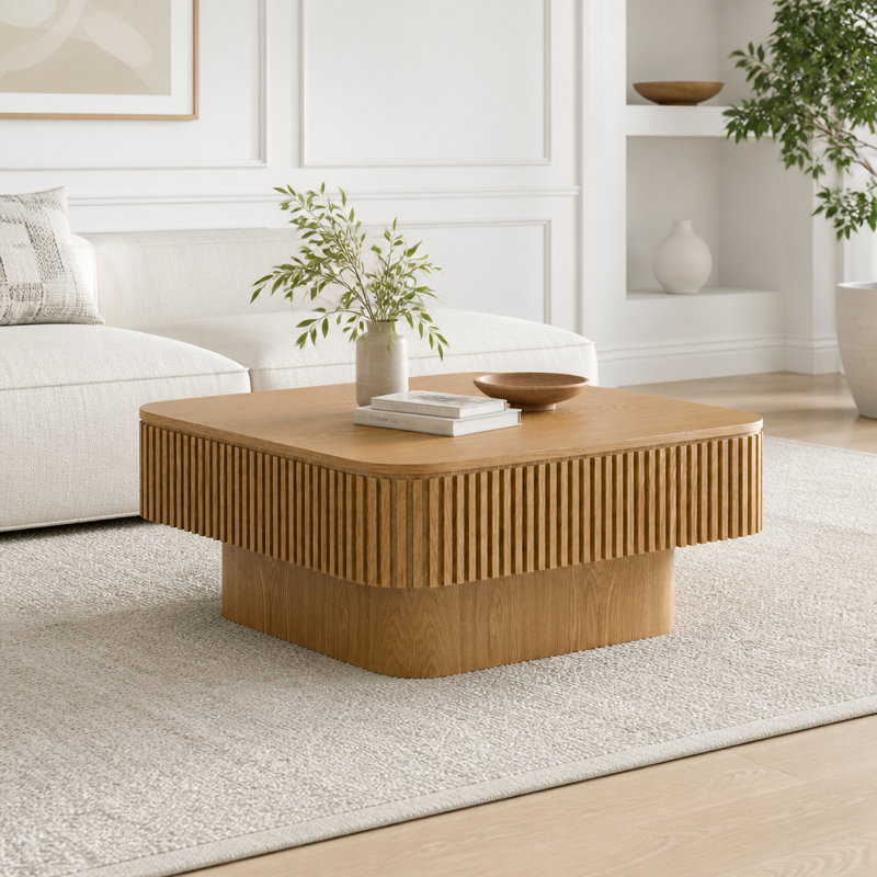 Table basse carrée 31,5 "avec rangement, Bois naturel