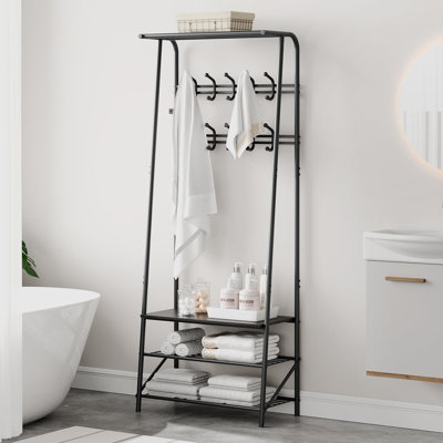 Coat Rack Shoe Bench with Double-Row 10 Hooks 60cm Width, 3-Tier Shelf Entryway Hall Tree with Storage, Metal Frame Multifunctional Organizer, 4-in-1 Coat Rack for Bathroom, Hallway.Black.