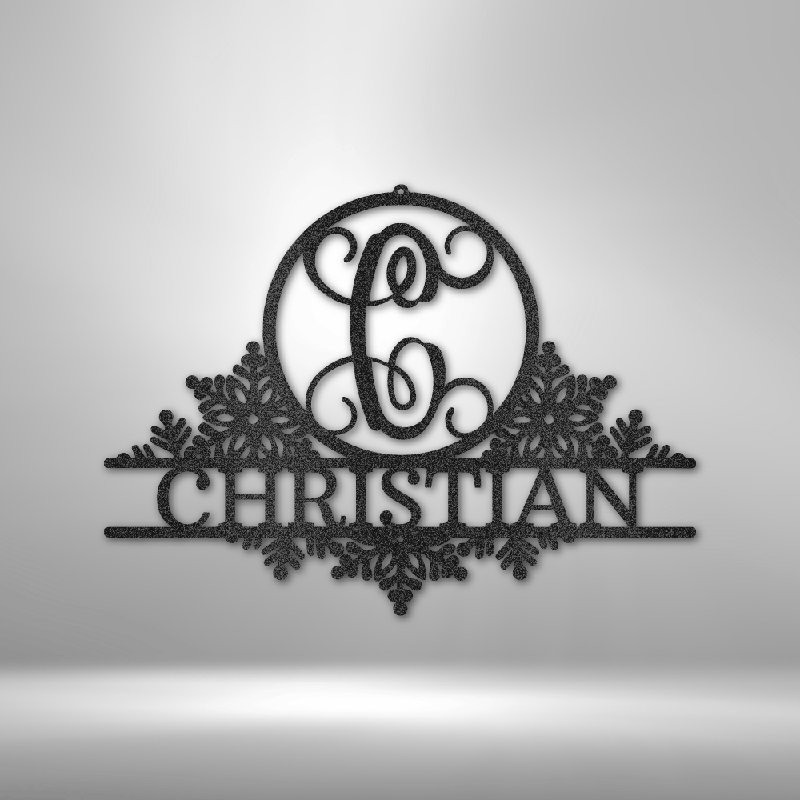 Personalized Snowfall Initial Monogram Steel Sign Steel Art Wall Metal Decor, Black, 14.25" H x 14.5" W x 0.5" D, Yes