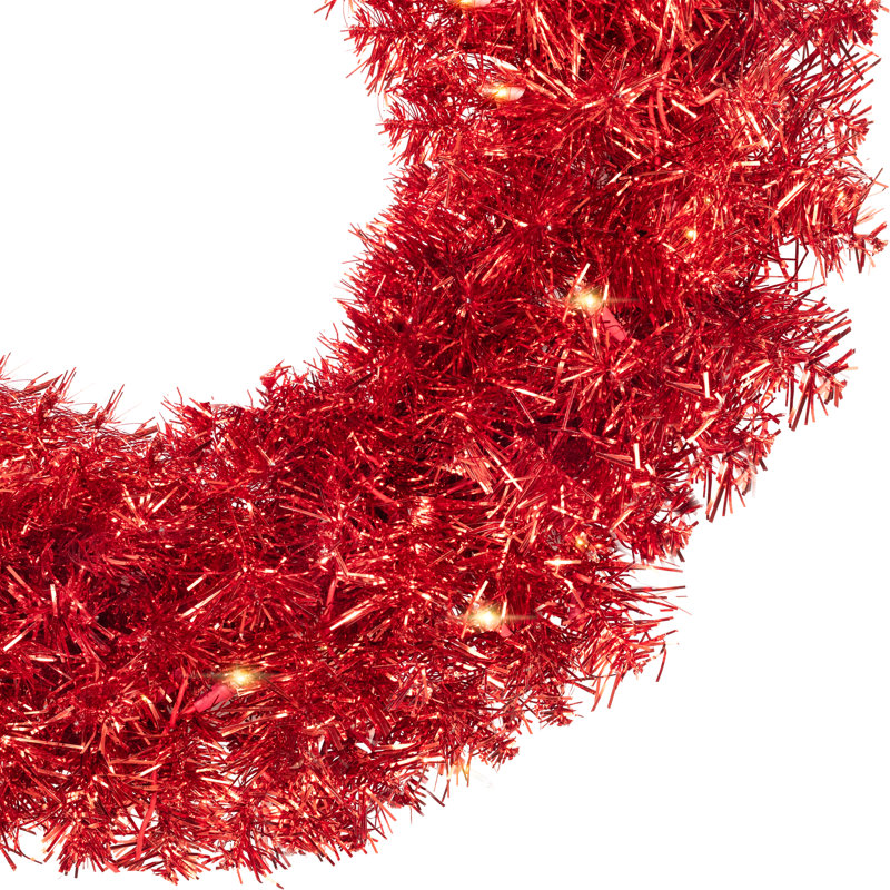 Pre-Lit Artificial Tinsel Christmas Wreath - 24" - Clear Lights, Red