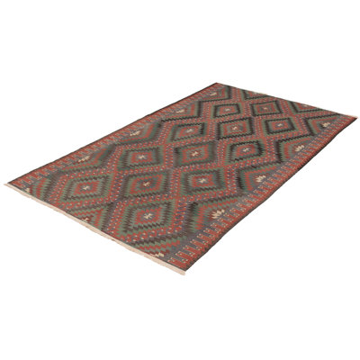 Tapis orange / noir / vert en laine fait à la main de conception unique 5 pi 7 po x 10 pi 4 po Kilim Politte