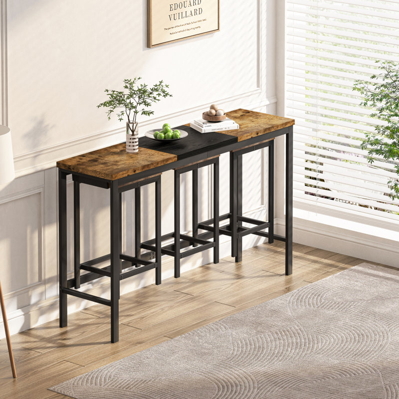 Keiera Modern Design Kitchen Dining Table, Pub Table, Long Dining Table Set with 3 Stools, Brown, Brown
