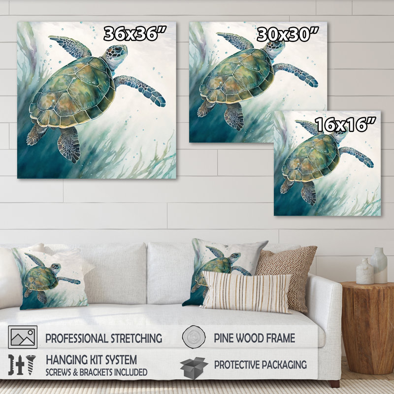 Tortue aquarelle nageant I - reproduction sur toile, H 16 po x l 16 po x P 1 po, Toile tendue