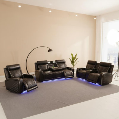 Black Breathable Leather 3-Piece Power Reclining Living Room Sofa Set With LED Lights, Wireless Charging, USB Ports, Storage & Cup Holders - Luxury Home Theater Seating