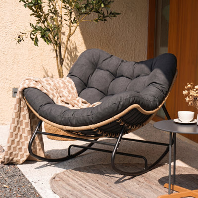 Biyanca Modern Oversized Wicker Rocking Chair, 39" Outdoor Indoor Cushioned Patio Chair, Powder-Coated Steel Frame