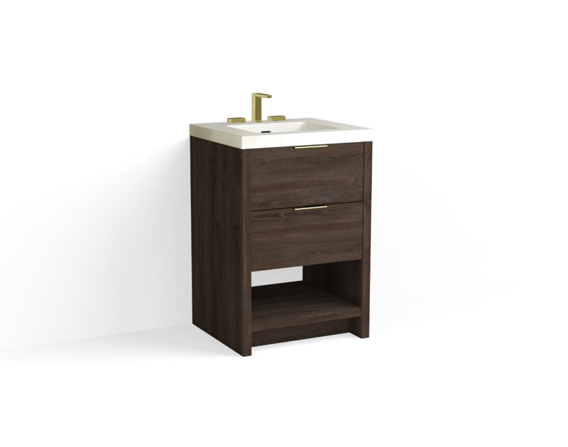 Vue 24" W Freestanding Single Bathroom Vanity, Matte White/8" Widespread, Satin Brass, Nocino