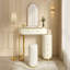 Meuble-lavabo de luxe avec miroir à DEL 3 couleurs et tabouret, coiffeuse à longueur réglable avec armoire latérale mobile, rangement à 6 tiroirs, plateau d'autocollant en marbre, tiroirs en cuir pu, acier inoxydable doré