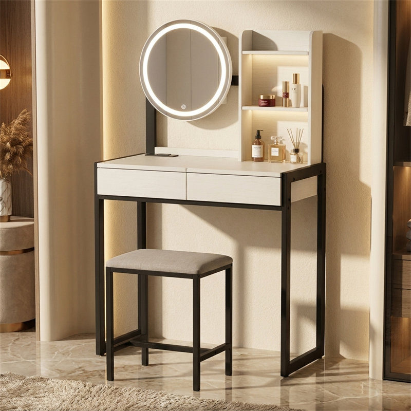 Makeup Vanity, with LED Make-up Mirror, Featuring Power Socket, Drawer, Open Shelving and Padded Stool; Versatile Dressing Table, Wooden Top with Metal Frame, Modern Scandinavian Style
