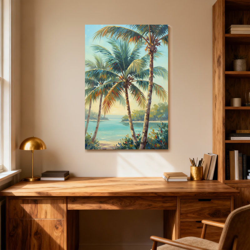 Plantes et fleurs, palmiers tropicaux, scène de plage, coucher de soleil, couleurs, paysage vibrant, H 16 po x l 24 po