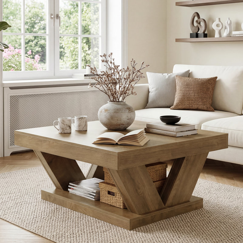Table basse carrée 39,4 ", table centrale à 2 niveaux pour le salon, Natural Brown