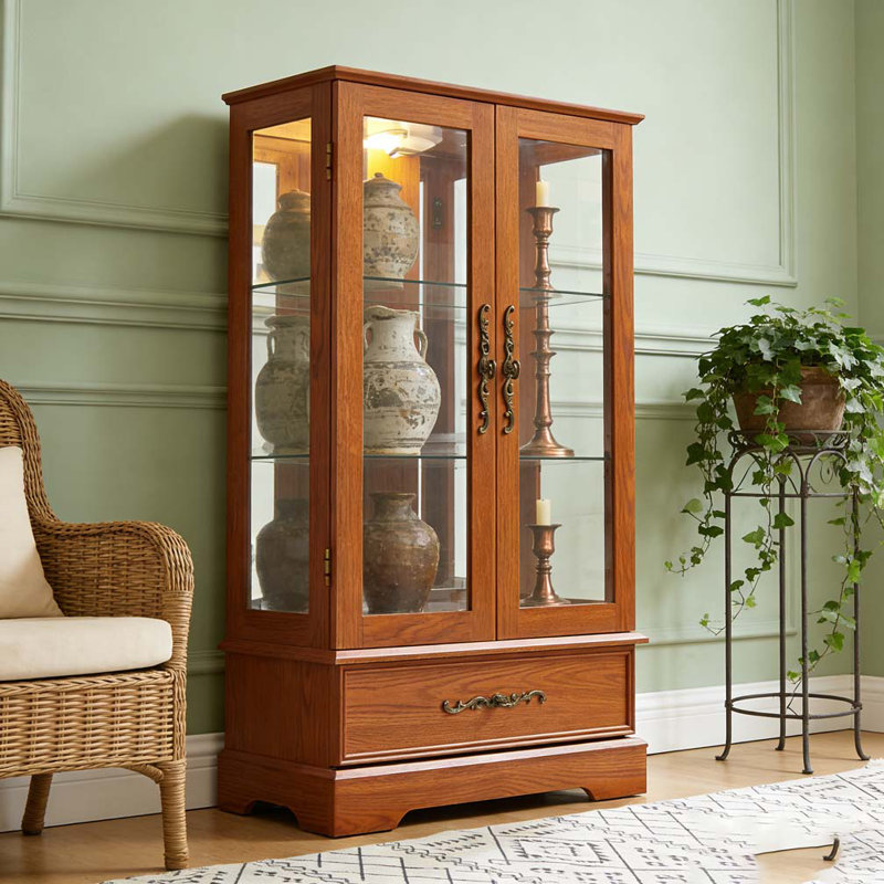 Vitrine lumineuse en verre avec tablettes réglables, Chêne foncé