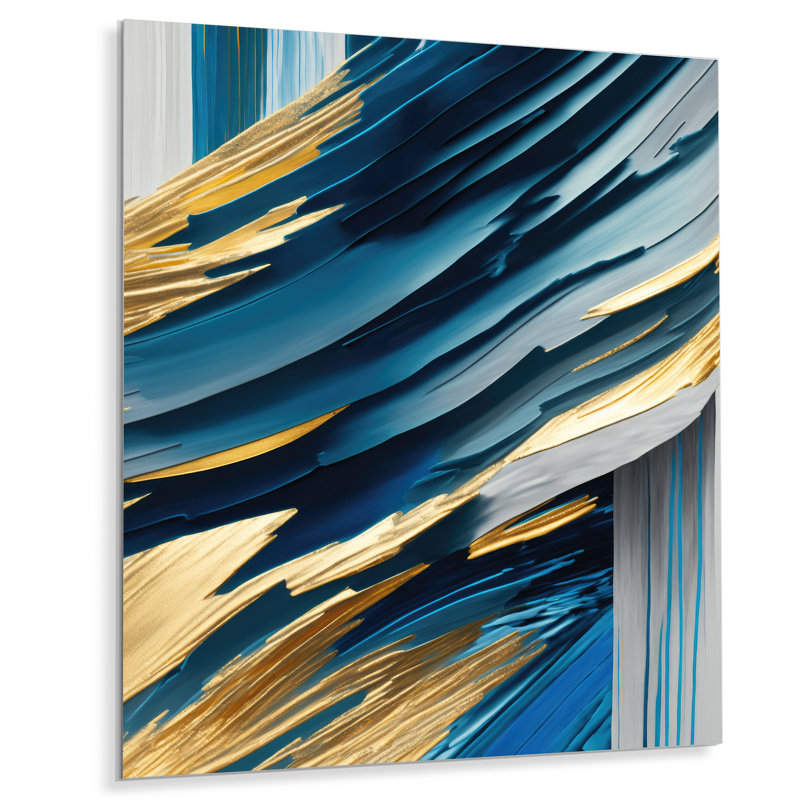 Décoration murale abstraite Lukus bleu et doré Glam sur métal, H 32 po x l 16 po x P 1 po