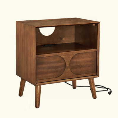 Mid Century Modern Fluted Nightstand With Charging Station USB Ports & Outlet Hole & 4 Solid Wood Legs, Farmhouse End Table With Open Space And Drawer Dresser, Walnut