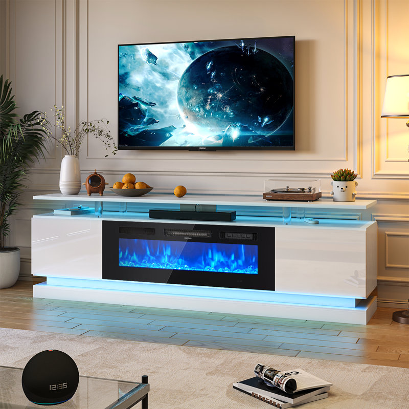 Smart Fireplace Tv Stand For 80/90 Inch Tvs, With Wi-Fi & App Control, Multi-Color Led Lights, Modern Electric Fireplace Tv Console For Living Room