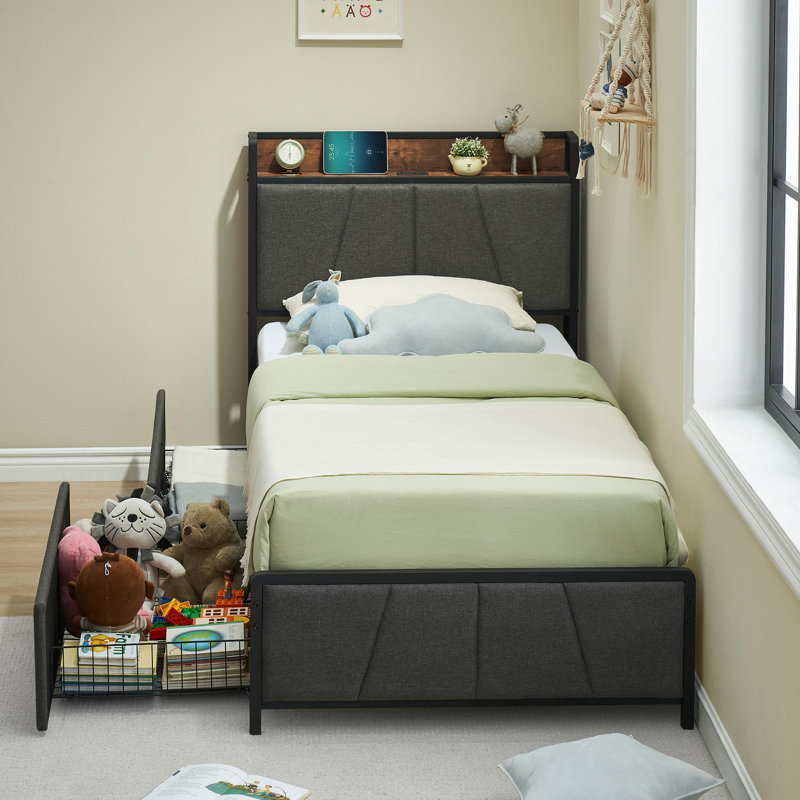 Breelee Linen Upholstered Bed Frame with Storage Headboard and 2 Drawers, Platform Bed with Built-in Charging Station, Heavy Duty, No Box Spring Needed, Easy Assembly, Noise Free