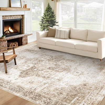 6' x 9' Washable Boho Medallion Area Rug, Vintage Distressed Non-Slip Low Pile Soft Indoor Carpet for Living Room Dining Room Home Office, Brown