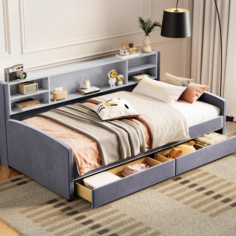 Lit plateforme tapissier simple avec rangement - tissu de velours doux, tête de lit confortable, tiroirs spacieux pour la literie supplémentaire et côté tête de lit à vêtements, pratique