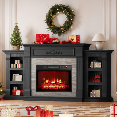 Lemp 72" Farmhouse Electric Fireplace With Mantel, Fireplace Tv Stand For Tvs Up To 80 Inch, Entertainment Center With Storage, Realistic Stacked Stone Surround For Living Room，black