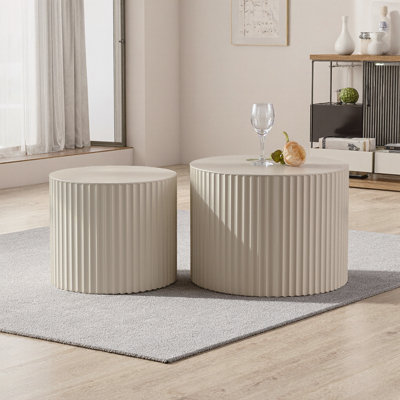 Modern Drum Nesting Coffee Table Set of 2 with Wave-Stripe Detail - Space-Saving & Versatile